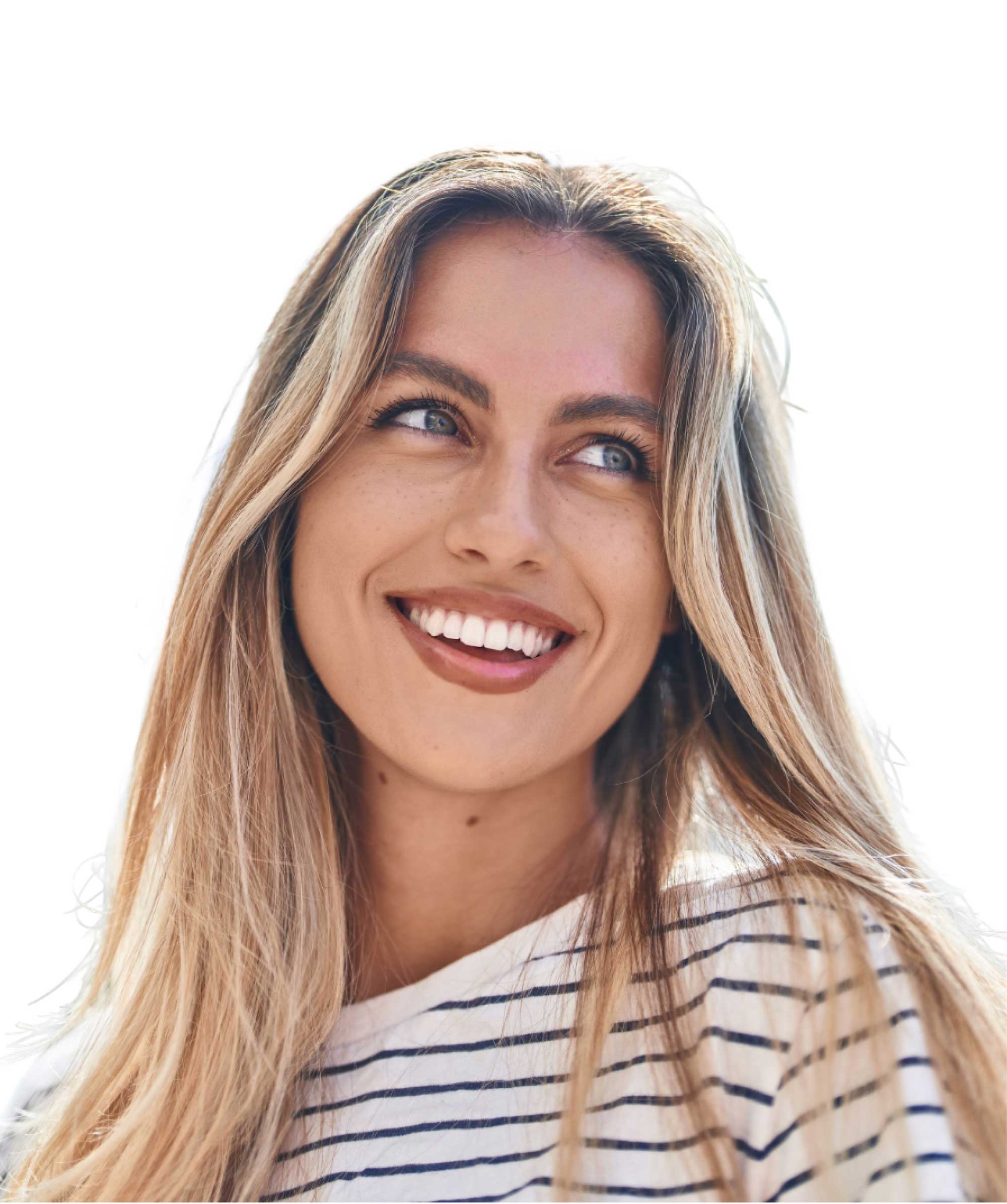  smiling woman in striped shirt looking to the left